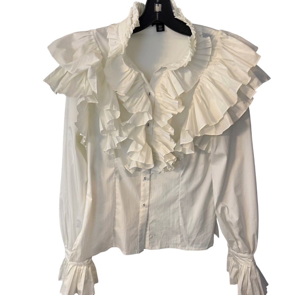 Karen Millen Women’s White Poplin Shirt Ruffled Button Down  L/S Sz 8 EUC
